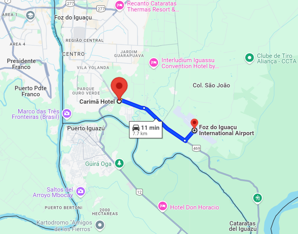 Route map of Foz do Iguaçu International Airport (IGU) to Grand Carimã Resort